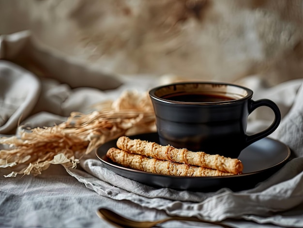 Une tasse de café noire avec une galette de dessert croustillante sur une nappe légère à l'arrière-plan des rouleaux de biscuits croustillants