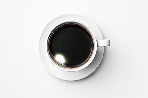 Une tasse de café noire Office Perk volant les projecteurs sur un fond blanc