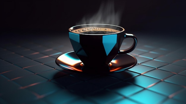 Une tasse à café noire volant dans un affichage de produit 3D avec un fond dégradé et un intérieur vide