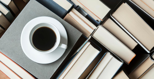 Tasse à café et de nombreux livres