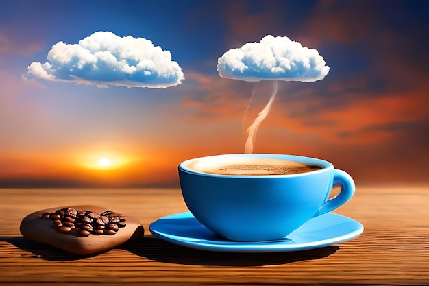 Une tasse de café avec un nuage en arrière-plan