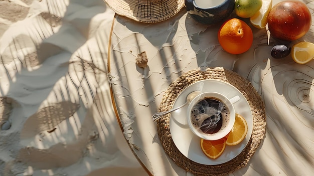 Une tasse de café avec de l'orange et du citron sur la plage Illustrations génératives d'IA