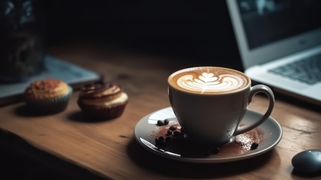 Une tasse de café avec un ordinateur portable en arrière-plan