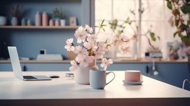 Une tasse de café, un ordinateur portable et des fleurs de cerisier sur la table du bureau.