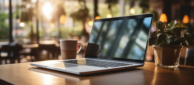 Tasse à café et ordinateur portable sur une table en bois dans un café