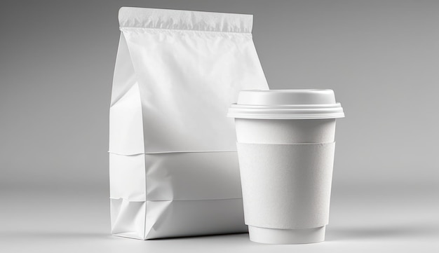 Photo tasse à café en papier blanc avec emballage alimentaire blanc sur une maquette de fond blanc vierge