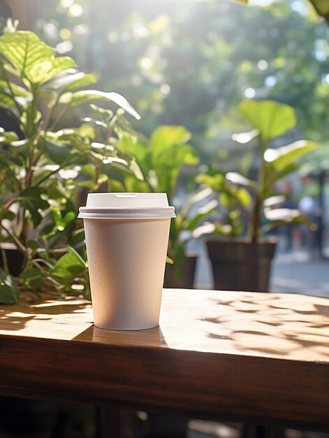 une tasse de café en papier blanc sur une table en bois avec une plante verte en arrière-plan