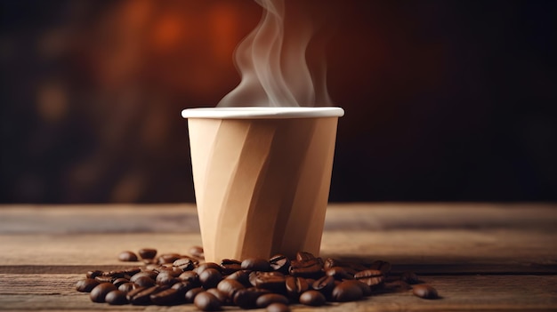 Une tasse de café en papier avec un couvercle marron et un fond marron avec des grains de café.