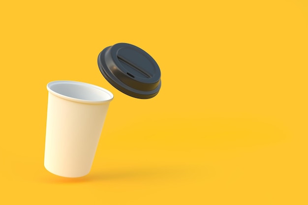 Tasse à café en papier jetable avec couvercle noir dans l'air sur fond jaune rendu 3D