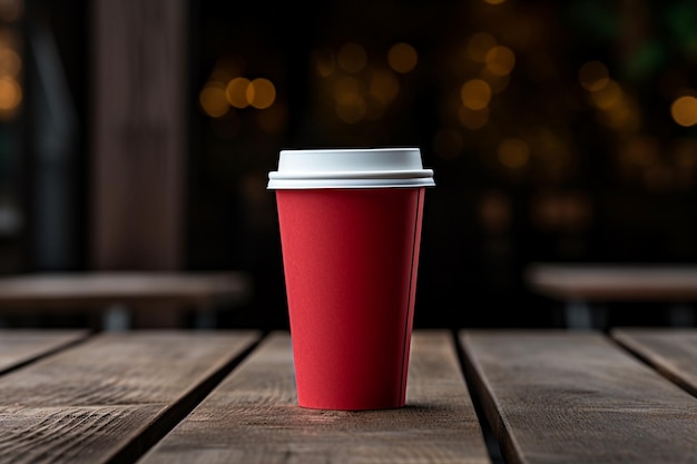 Une tasse de café en papier rouge sur une table en bois générative par Ai