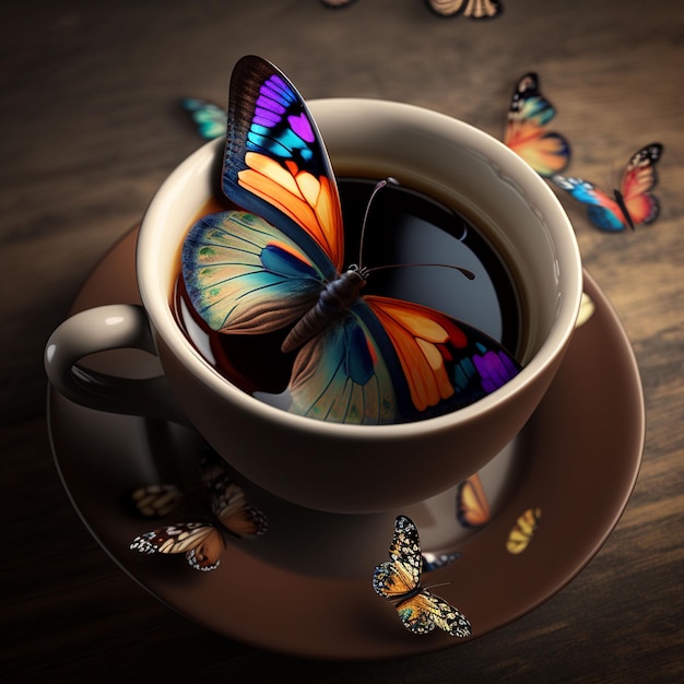 Une tasse de café avec un papillon dessus et une soucoupe avec des papillons dessus.