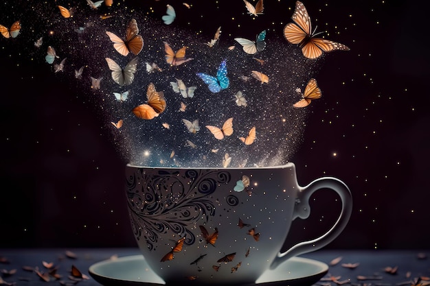 Tasse de café avec des papillons colorés Generative AI