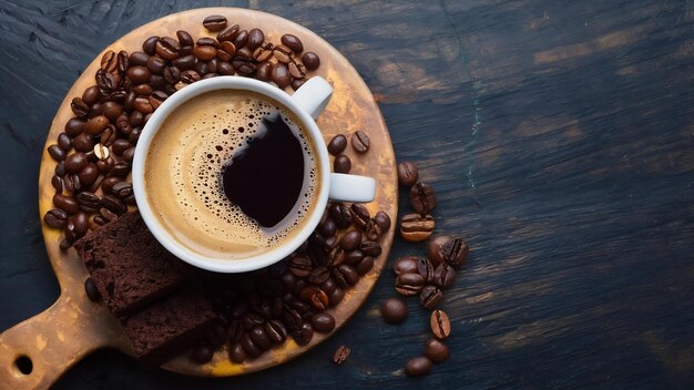 Photo une tasse de café parfumé sur une planche rustique avec des grains de café et du gâteau au chocolat une boisson chaude