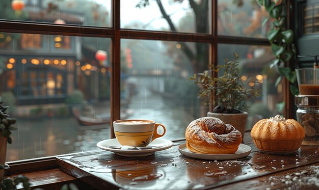 Une tasse de café et des pâtisseries sur la table dans un café