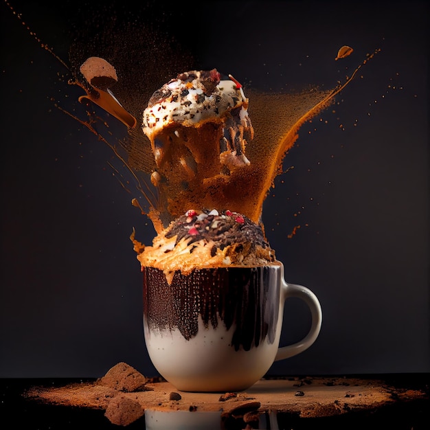 Une tasse de café avec un petit gâteau sur le dessus