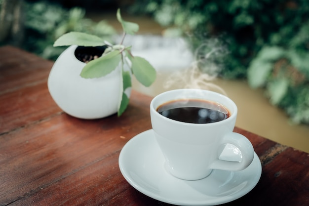 Tasse de café et de petite plante dans un pot affiché dans la table en bois avec rayon de soleil