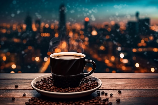 Tasse à café sur planche de bois avec paysage marin la nuit