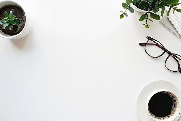 une tasse de café et une plante sur une table