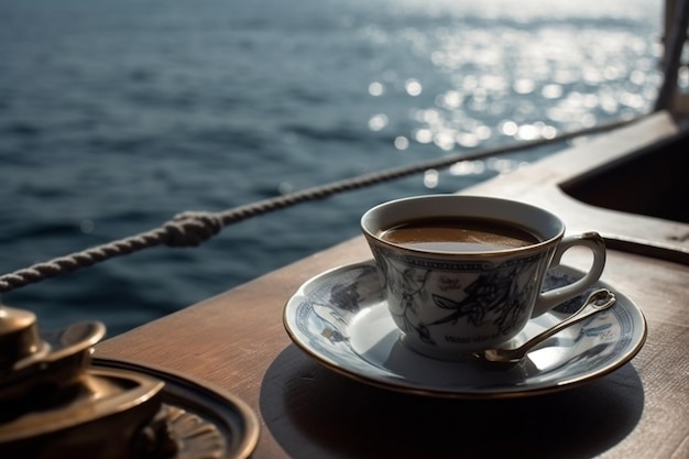 tasse de café plats élégants vue depuis le balcon sur la mer