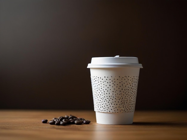 une tasse de café avec un point de polka sur elle est assise sur une table