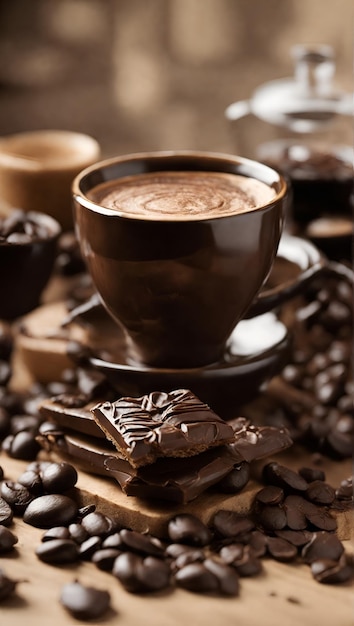 une tasse de café posée sur des grains de café