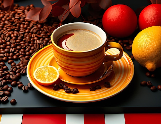 une tasse de café posée sur une soucoupe jaune à côté d'une cuillère