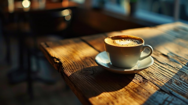 Une tasse de café posée sur une table en bois