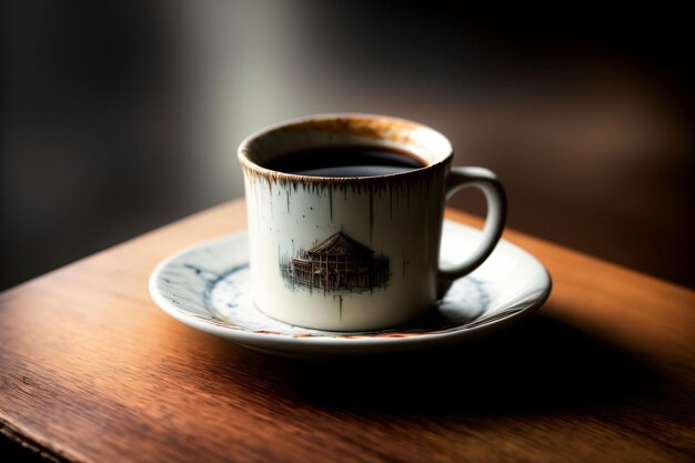 Une tasse de café posée sur une table en bois