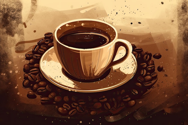 Tasse à café posée sur un tas de grains de café fraîchement torréfiés Generative AI