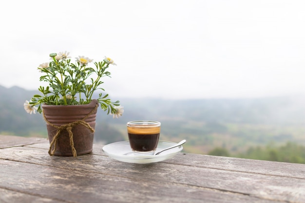 Tasse de café et pot de fleur sur la table en bois avec fond de montagne