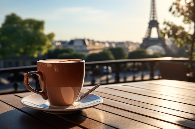 Une tasse de café près de la tour Eiffel IA générative