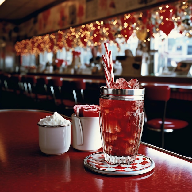 Une tasse de café à rayures rouges et blanches est posée sur une table rouge dans un restaurant.