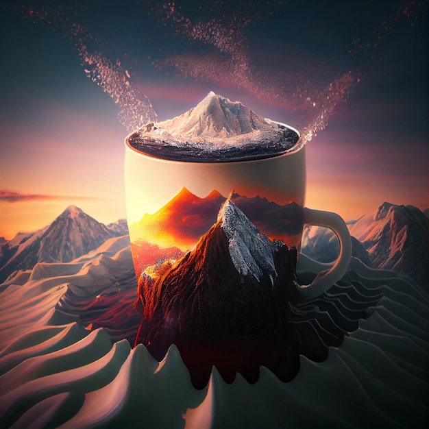 une tasse de café remplie de montagne enneigée et de coucher de soleil