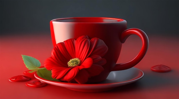 Une tasse de café rouge avec une fleur à côté