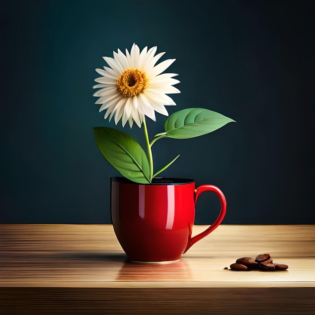 Une tasse de café rouge avec une fleur