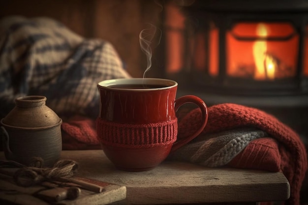 Une tasse de café rouge se trouve devant un feu avec une couverture sur la table à côté.