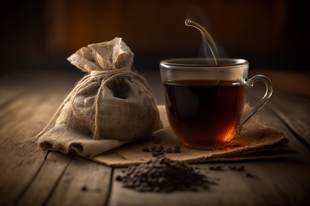 Une tasse de café et un sac de café sur une table en bois.