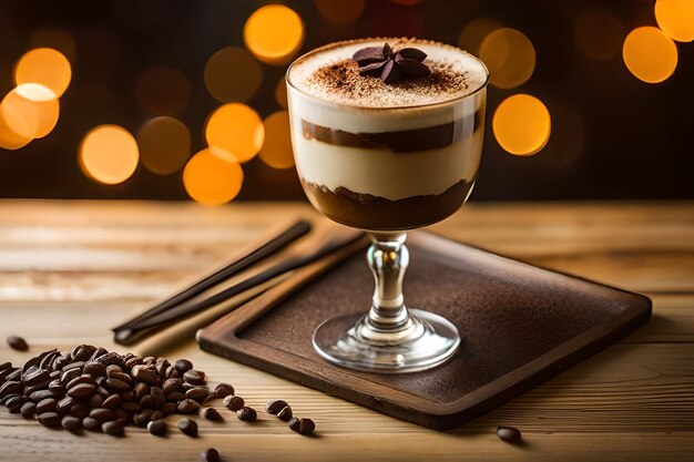 une tasse de café avec de la sauce au chocolat et un plateau de grains de café