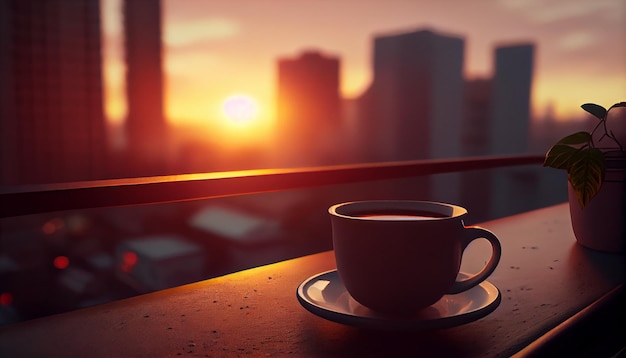 Une tasse de café se trouve sur un balcon surplombant un paysage urbain.