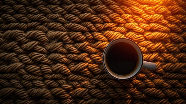 Une tasse de café Serene Start sur une surface de laine tressée