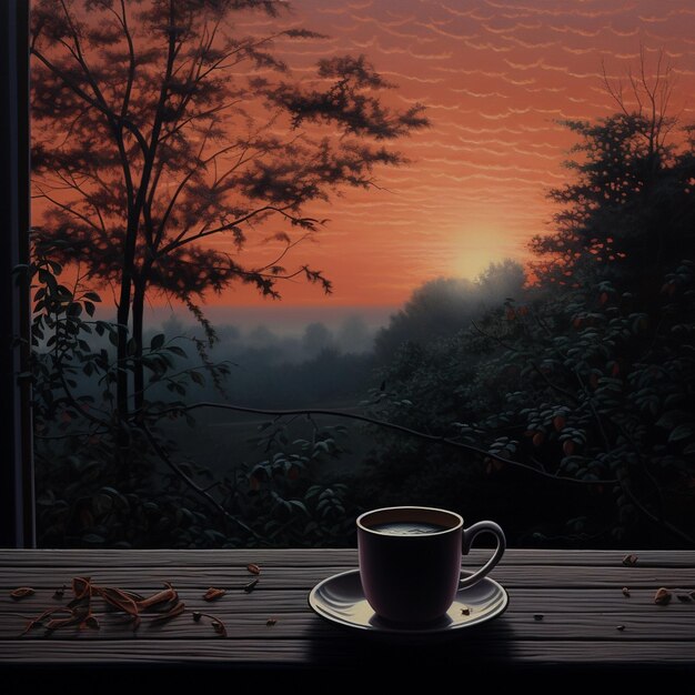 une tasse de café sur le seuil de la fenêtre avec le coucher de soleil en arrière-plan.