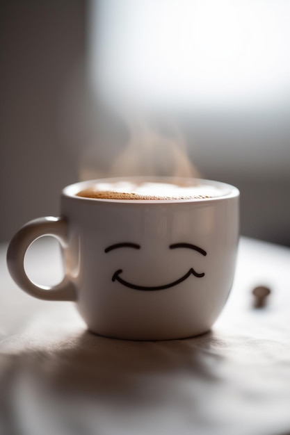 Une tasse de café avec un smiley dessus