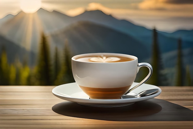 Une tasse de café avec le soleil couchant derrière