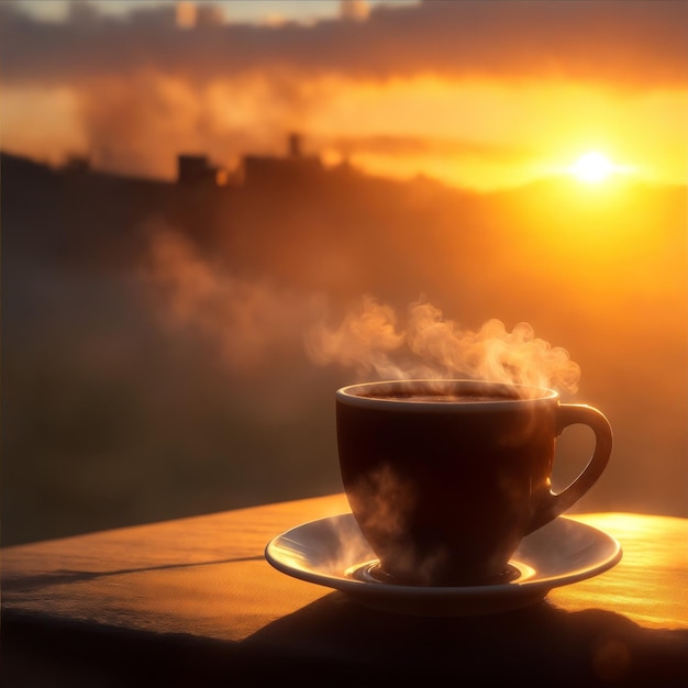 Photo une tasse de café avec le soleil qui se couche derrière elle