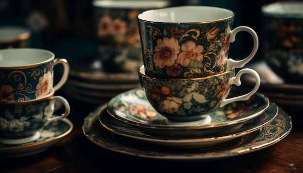 Tasse à café et soucoupe antiques sur table générées par AI