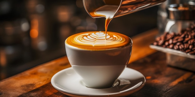 Photo une tasse de café avec une soucoupe blanche sur une table en bois