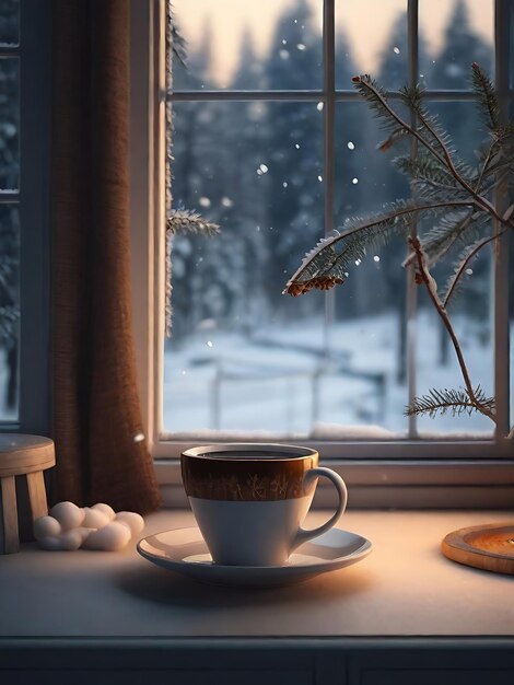 Une tasse de café sur une soucoupe près de la fenêtre en hiver