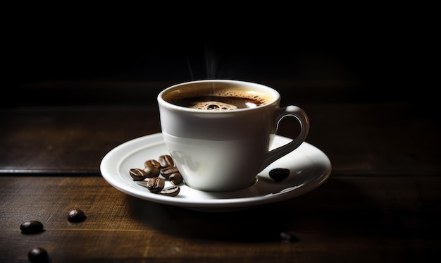 Une tasse de café sur une soucoupe.