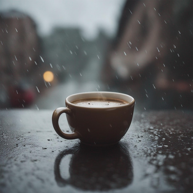 Tasse à café sous la pluie générée par IA