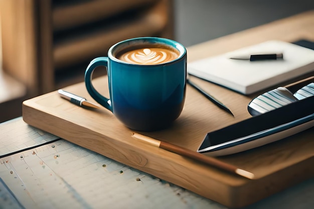 une tasse de café avec un stylo sur un bureau à côté